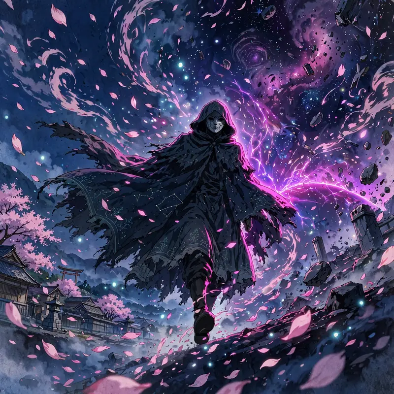 nostalgic cel-animation look anime scene: a void walker stepping between worlds, surrounded by swirling petals and drifting light particles. Electric