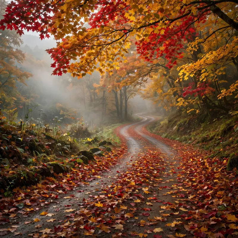A winding country road carpeted with fallen maple leaves, blazing red and gold canopy overhead, morning mist in the hollows. Fall landscape