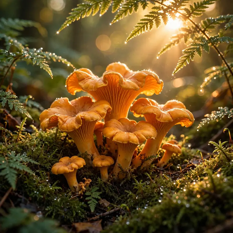 A cluster of glowing orange chanterelle mushrooms on a mossy forest floor, backlit by low sun through ferns, dewdrops sparkling. Macro nature