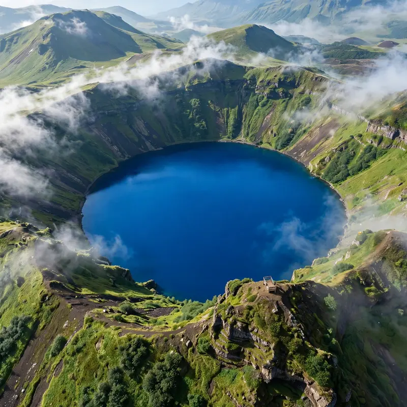 An impossibly blue volcanic crater lake nested in a green caldera, wisps of cloud caught on the rim, a tiny viewing platform for scale. Aerial