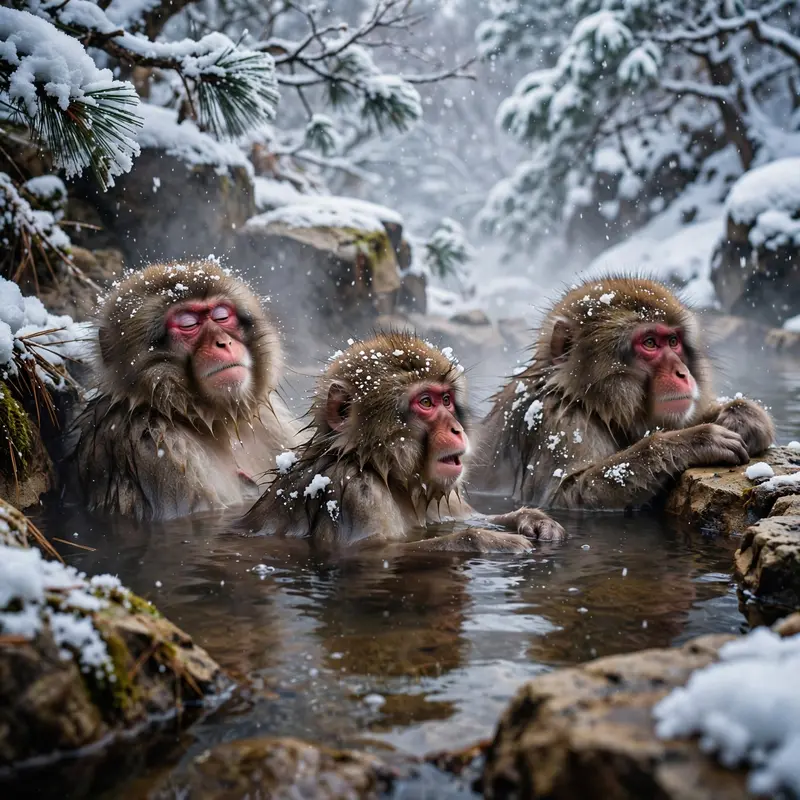 Japanese macaques lounging in a steaming natural hot spring surrounded by snow-laden pines, snowflakes melting on wet fur. Wildlife photography, soft