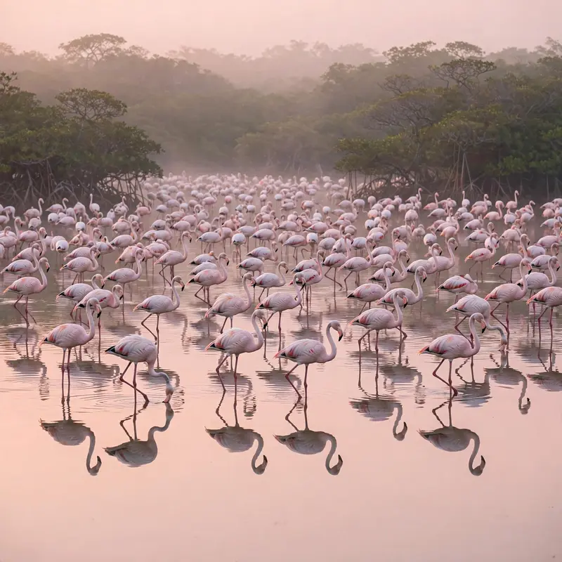 Hundreds of flamingos wading in a shallow pink-tinted lagoon at dawn, reflections doubling the flock, mangroves behind. Wildlife landscape