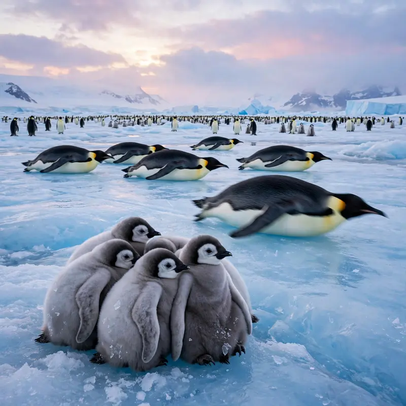 A colony of emperor penguins tobogganing across blue Antarctic ice under a pastel polar sky, chicks huddled nearby. Polar wildlife photography, soft