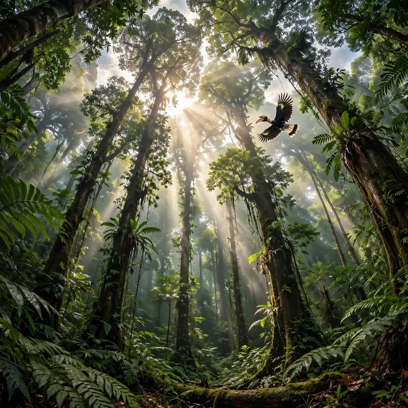 Looking up through layers of Borneo rainforest canopy as sunbeams pierce to the forest floor, a hornbill gliding between emergent trees. Jungle