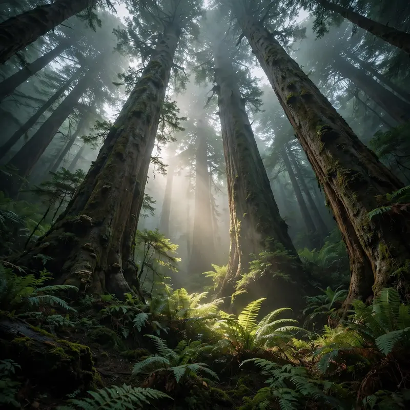 Standing at the base of colossal coastal redwoods, trunks vanishing into foggy canopy, ferns glowing in a light shaft. Forest photography, ethereal