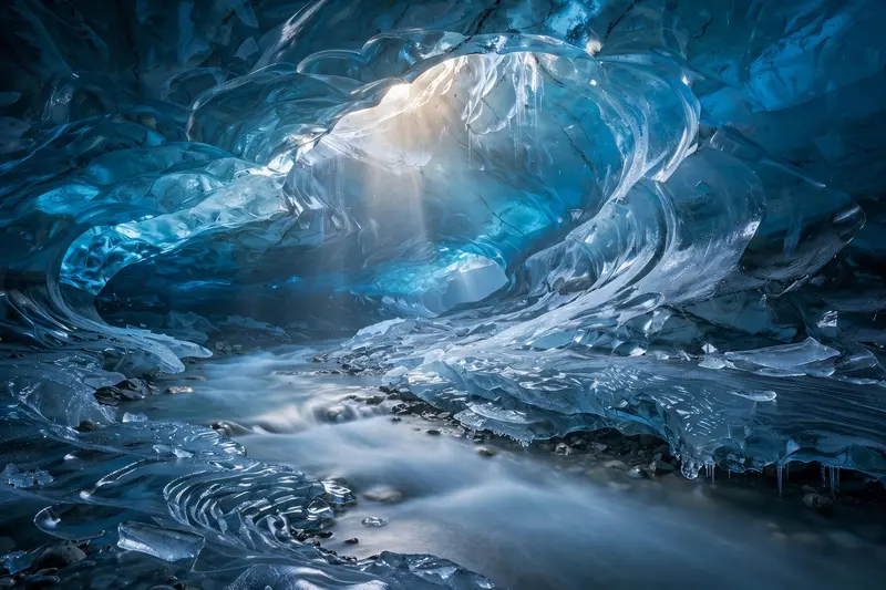 Inside a translucent blue glacier ice cave, sculpted ice walls glowing sapphire where sunlight filters through, meltwater stream below. Ice cave