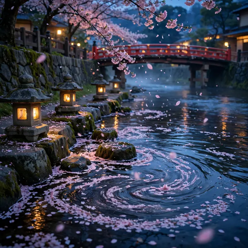 Cherry blossom petals drifting on a slow Kyoto river, petals swirling around stone lanterns and a red bridge at dusk. Spring photography, soft