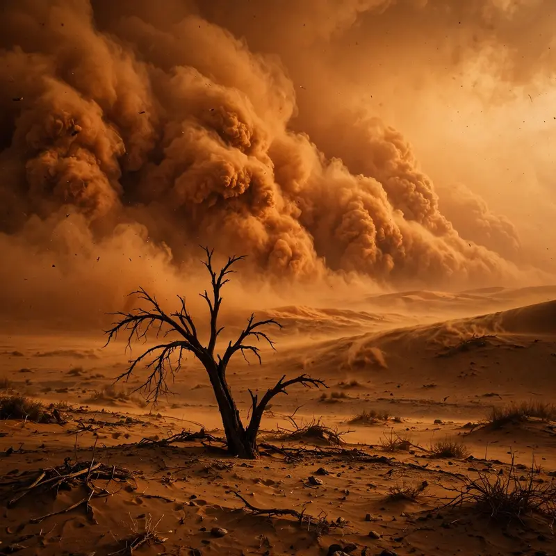 A towering wall of orange dust devouring the horizon over desert dunes, a lone dead tree silhouetted in front. Extreme weather photography