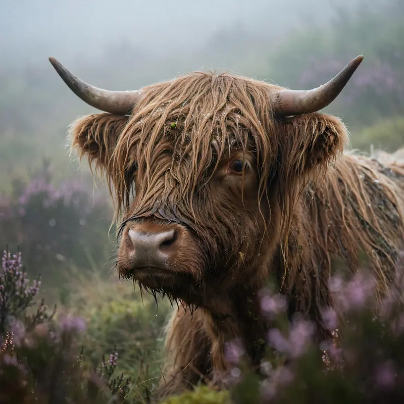 A shaggy Highland cow emerging from thick Scottish moor mist, dew on its long fringe, heather in soft focus. Pastoral photography, cool diffused