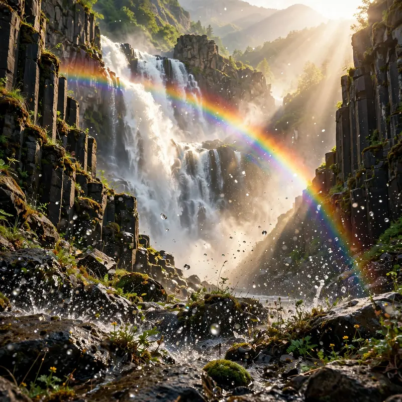 A rainbow arcing through the spray of a massive waterfall in afternoon sun, basalt columns framing the falls. Nature photography, bright backlit