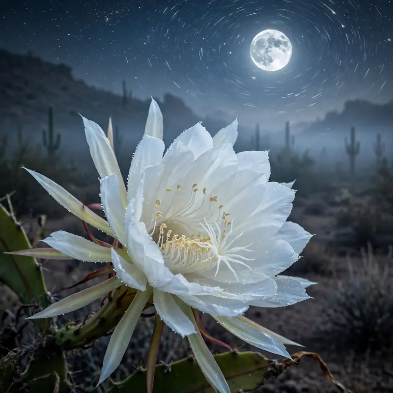 A night-blooming cereus cactus flower glowing white under a full moon in the Sonoran desert, stars wheeling above. Night macro photography, cool
