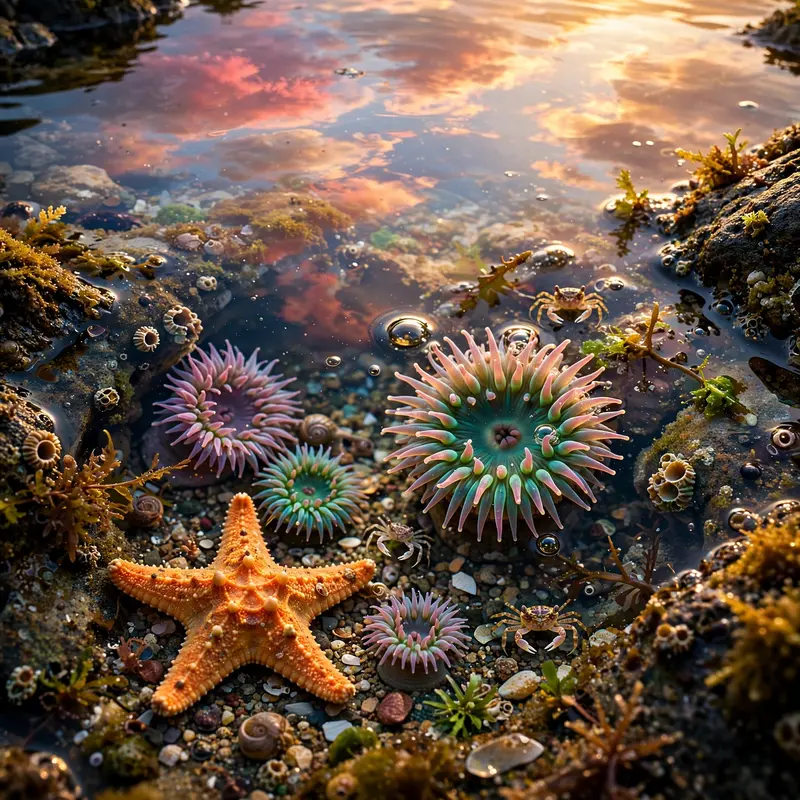 A rockpool at low tide revealing starfish, anemones and tiny crabs in crystal water, reflected sunset clouds above. Macro coastal photography, warm