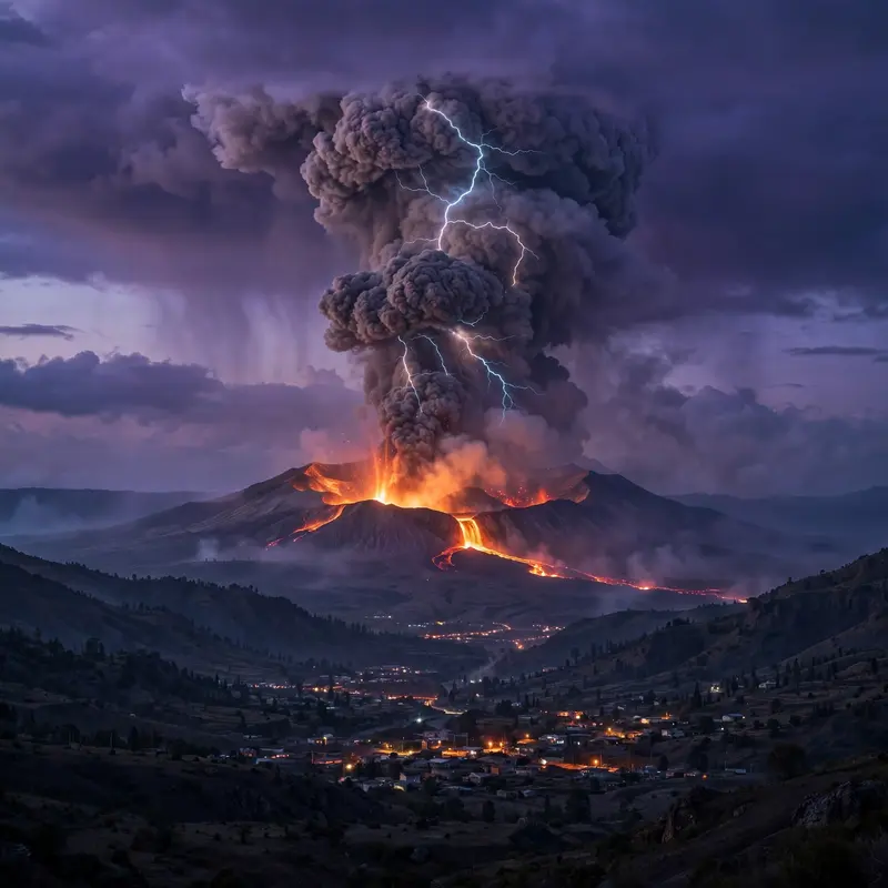 A volcano erupting at dusk with lightning crackling through the ash plume, glowing crater below, evacuated village lights in the valley. Volcanic