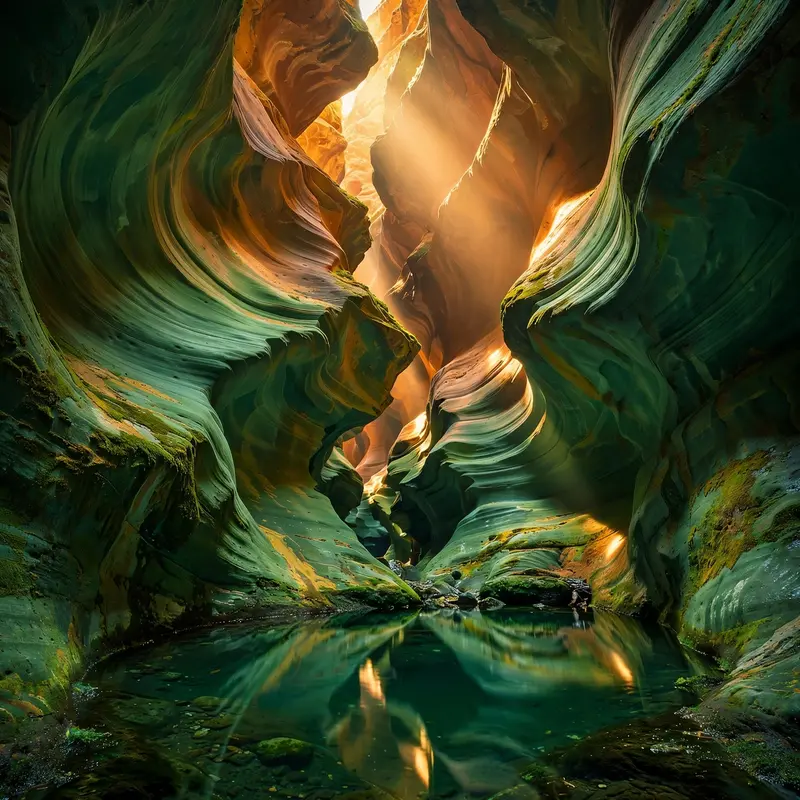 Sunlight bouncing deep into a green-tinted slot canyon, smooth sculpted walls glowing like jade, a pool of still water below. Fine art canyon