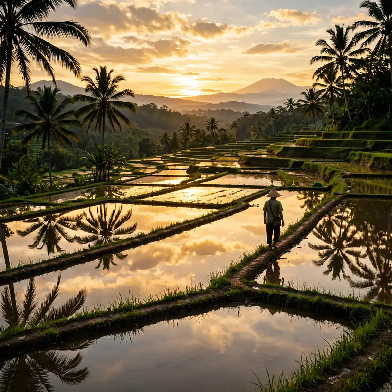 Flooded rice paddies turned to liquid gold at sunset in Bali, palm silhouettes and a farmer walking the bunds. Travel photography, molten golden