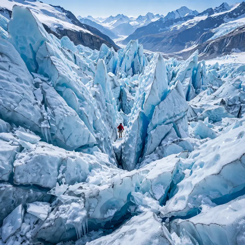 A chaotic jumble of blue ice seracs on a glacier icefall, a tiny climber threading between towers for scale. Alpine photography, crisp midday light