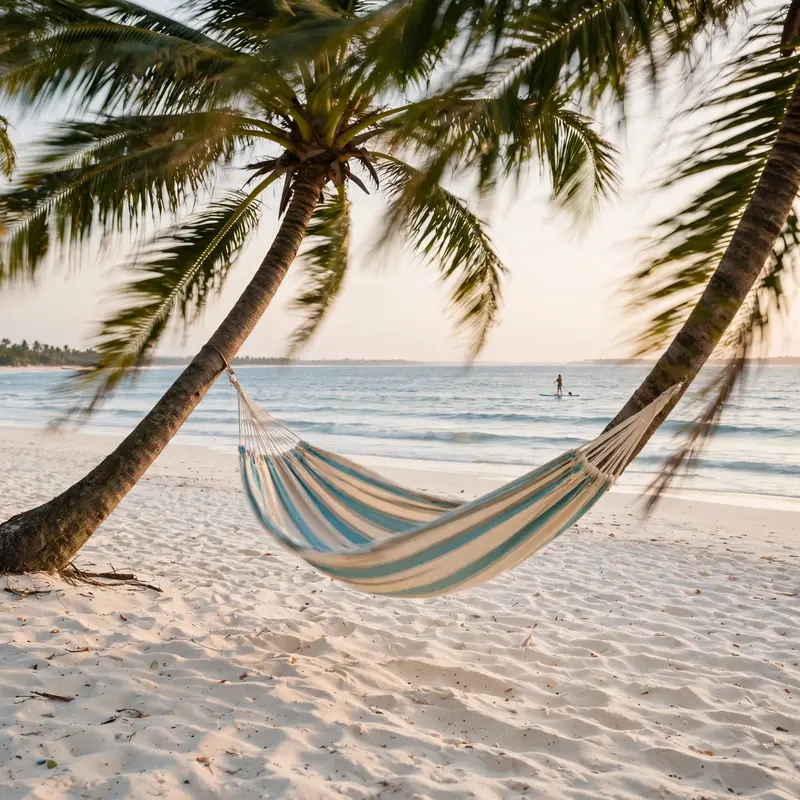 A striped hammock swaying between leaning coconut palms over powdery white sand, gentle waves and a paddleboarder in the distance. Tropical escape