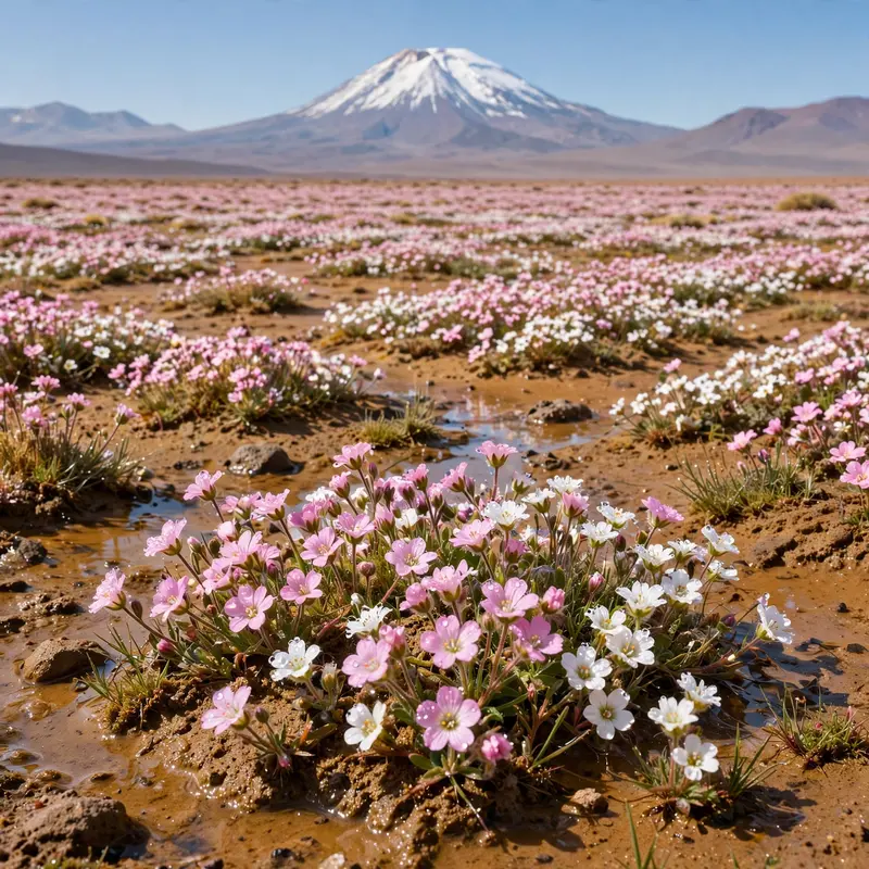 The Atacama desert carpeted in pink and white wildflowers after rare rain, snow-capped volcano on the horizon. Rare phenomenon photography, clear
