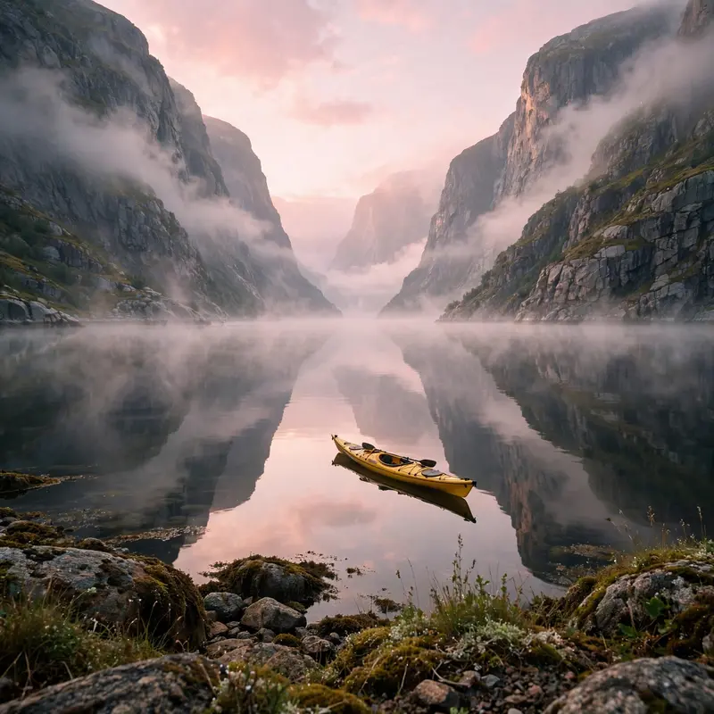 A lone yellow kayak gliding across glassy fjord water at dawn, mist curling off the surface, cliffs mirrored perfectly. Adventure photography, soft