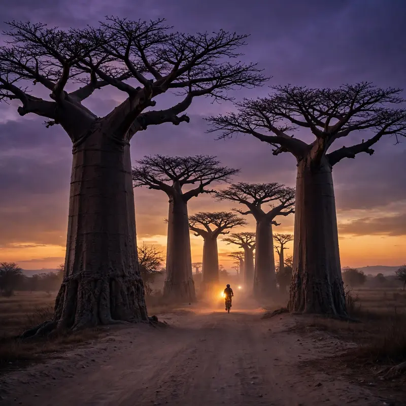 Ancient baobab trees silhouetted along a dusty Madagascar road at dusk, a cyclist's headlamp glowing, purple sky. Travel photography, deep twilight
