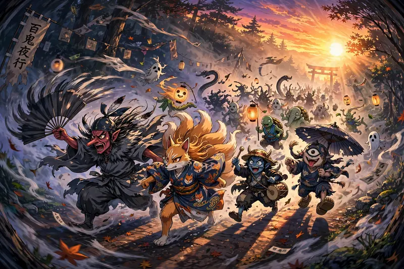 a yokai parade marching through thick fog captured in painterly anime style with cel-shaded characters, hair and clothing whipping in the wind. Vivid