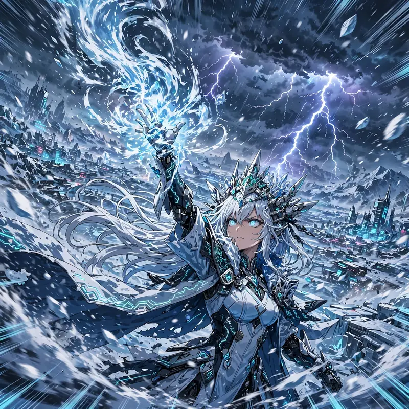 Dynamic anime key visual of an ice queen summoning a raging blizzard, drawn in sleek cyber-anime hybrid style. Stormy lightning flashes washes the