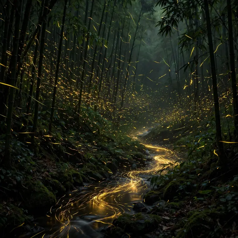 Thousands of fireflies blinking gold through a dark bamboo forest, a stream reflecting their light, long exposure trails. Night nature photography