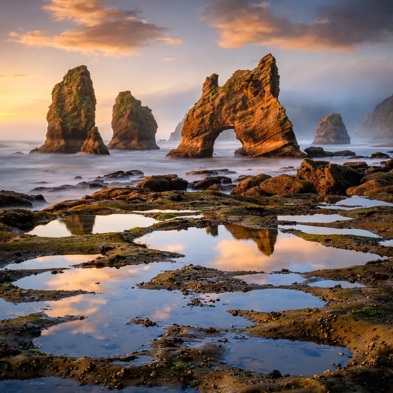 Sea stacks and a natural rock arch glowing copper at sunrise on the Oregon coast, tide pools mirroring the sky. Coastal photography, warm first