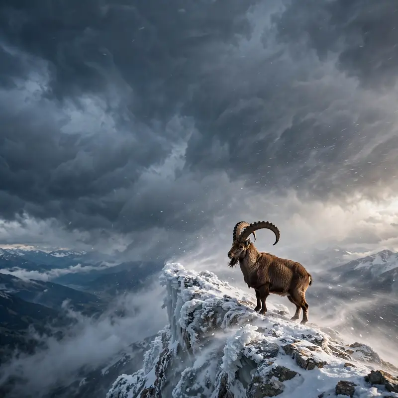 An alpine ibex with massive curved horns standing on a knife-edge snowy ridge, storm clouds boiling behind. Mountain wildlife photography, dramatic