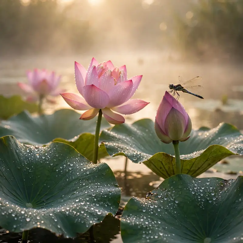 Pink lotus flowers opening on a misty pond at sunrise, dewdrops on broad leaves, a dragonfly perched on a bud. Serene macro-landscape photography