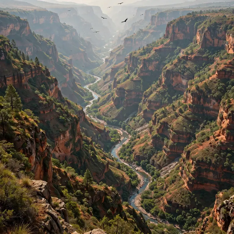 Deep in Mexico's Copper Canyon, layered green and copper cliffs dropping to a winding river, condors circling thermals. Wilderness photography, hazy
