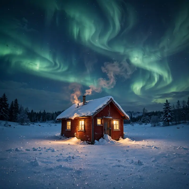 A tiny red cabin with glowing windows under a rippling aurora, smoke curling from the chimney, snowfield sparkling. Cozy nightscape photography