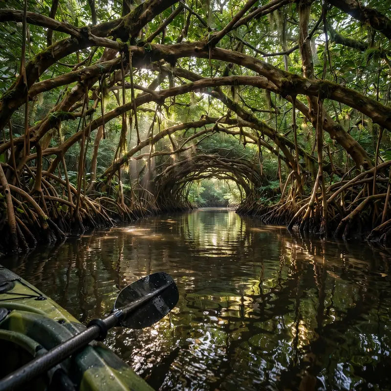 Paddling through a green mangrove tunnel, roots arching overhead, shafts of light dancing on brackish water. Adventure photography, dappled jungle