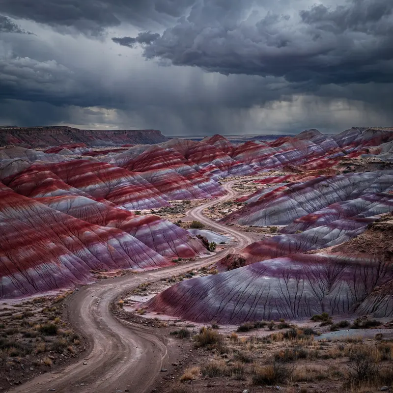 The Painted Desert's striped badlands in bands of red, lavender and gray under a brooding storm sky, a dirt road winding through. Desert landscape