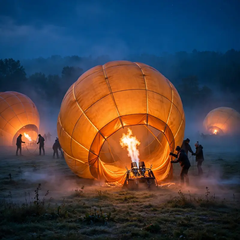 Hot air balloons inflating on a misty field before dawn, burners flaring orange against deep blue sky, envelopes glowing. Pre-dawn photography
