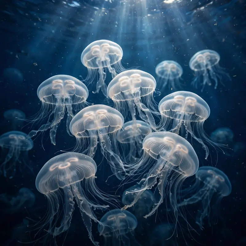 A bloom of moon jellyfish pulsing through deep blue water, tentacles trailing like silk, sun rays from above. Underwater photography, ethereal