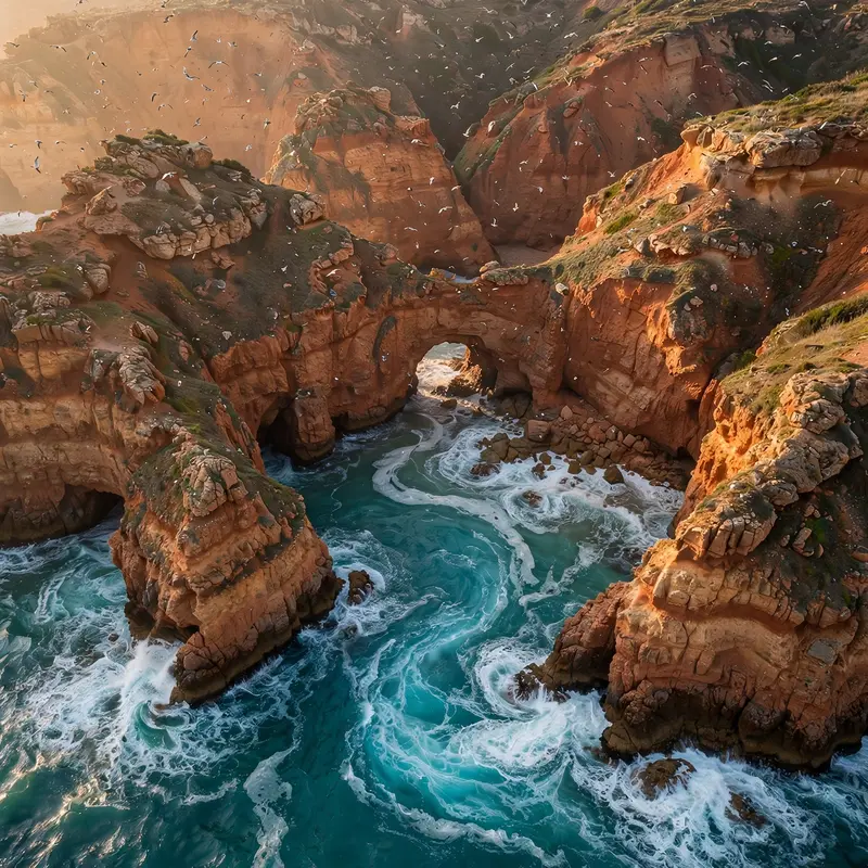 Terracotta cliffs plunging to a hidden cove with a natural stone arch, turquoise surf swirling below, seabirds wheeling. Coastal photography