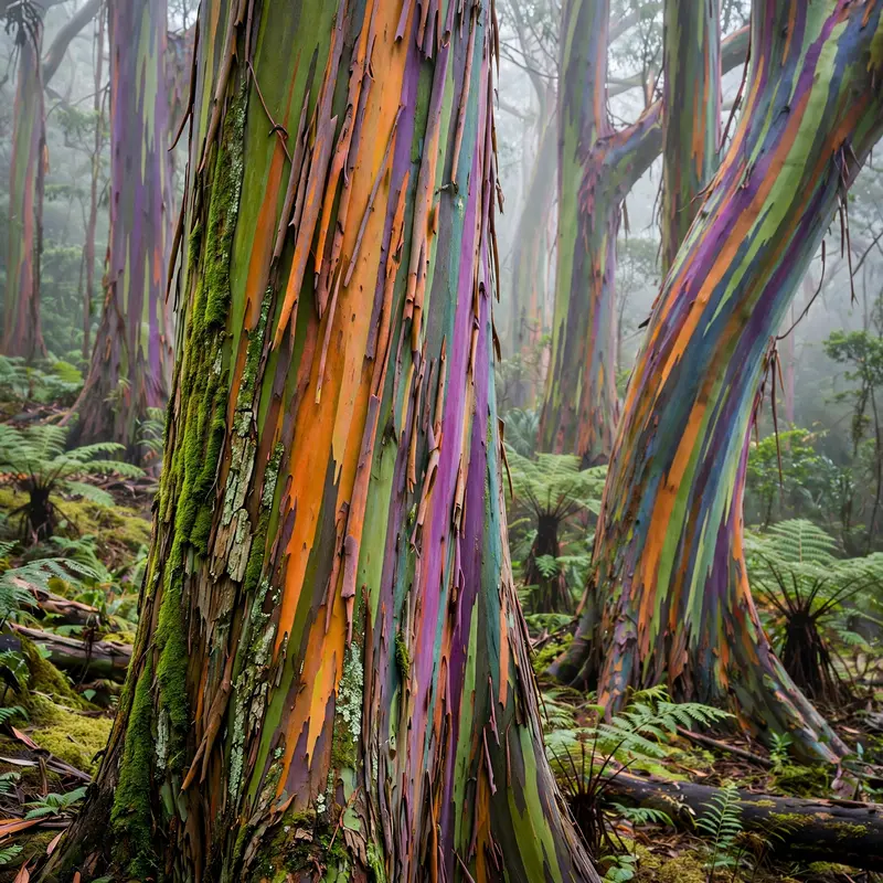 Rainbow eucalyptus trees with peeling bark in stripes of green, orange and purple, mist softening a Hawaiian grove. Botanical photography, soft