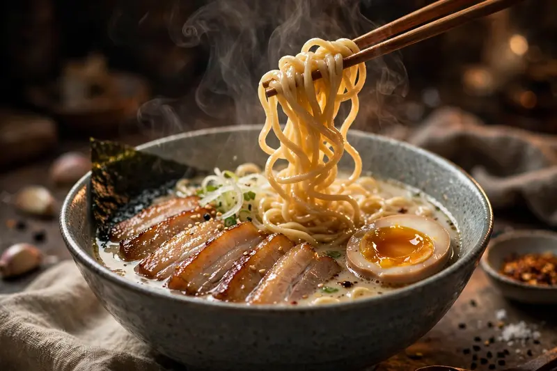 A steaming bowl of tonkotsu ramen with glistening chashu pork, jammy egg and nori, chopsticks lifting noodles mid-twirl. Glossy food photography