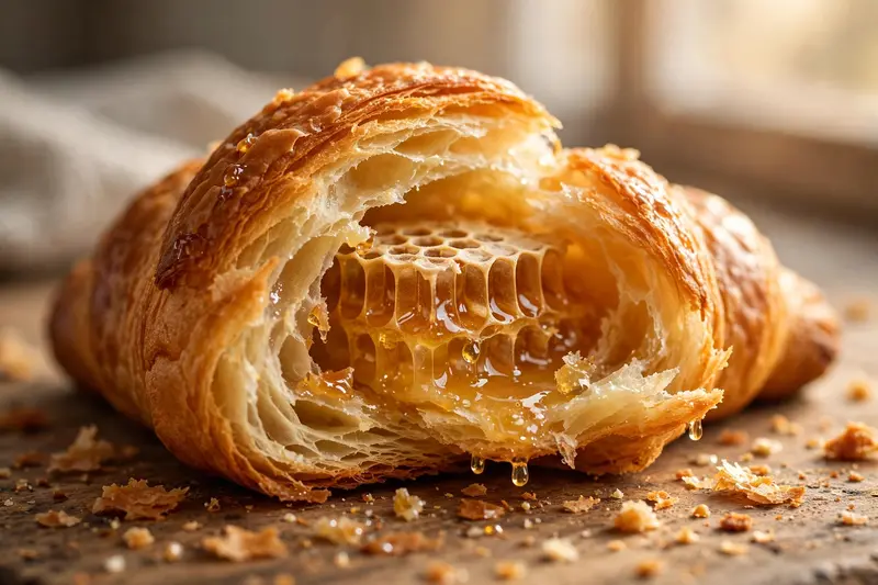 A golden croissant torn open revealing honeycomb layers, butter glistening, crumbs scattered on rustic wood. Bakery food photography, warm morning