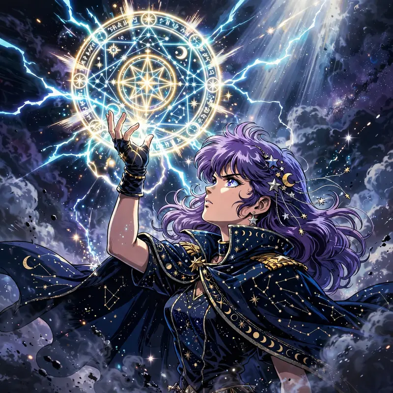 Epic anime splash art featuring a starlight summoner raising a glowing sigil in retro 80s anime aesthetic, energy crackling around the figure