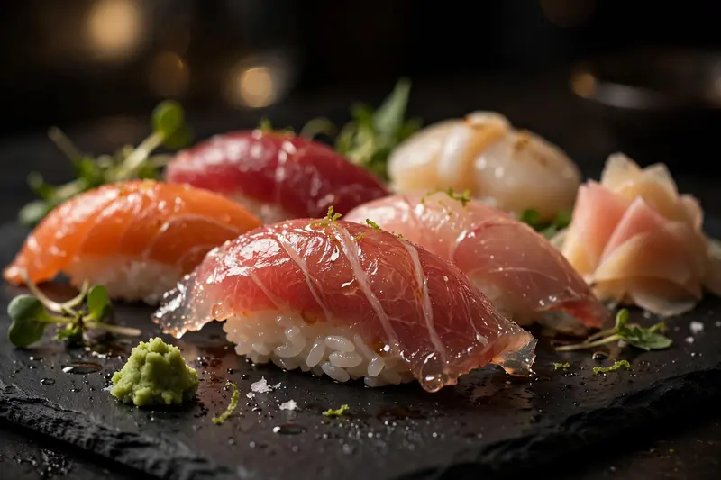 An omakase spread of nigiri on dark slate, toro glistening, wasabi and pickled ginger arranged with precision. Fine dining photography, low moody