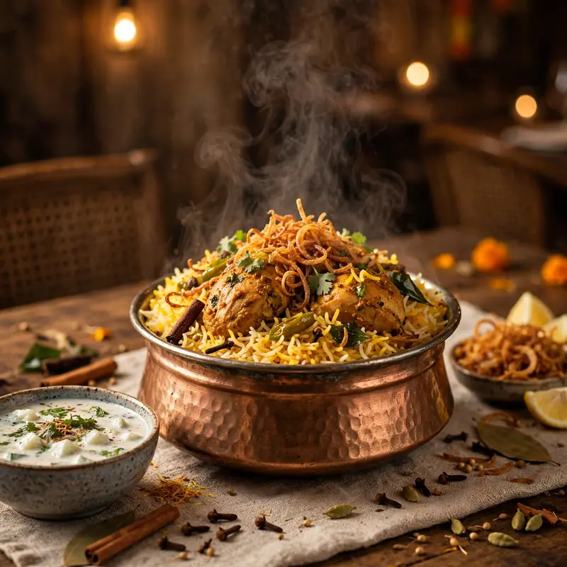 A copper handi of fragrant chicken biryani opened tableside, saffron rice steaming, fried onions and raita alongside. Indian food photography, warm