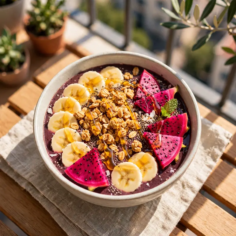 A vibrant acai bowl with granola, banana slices, dragon fruit and honey drizzle, eaten on a sunny balcony. Healthy food photography, bright natural