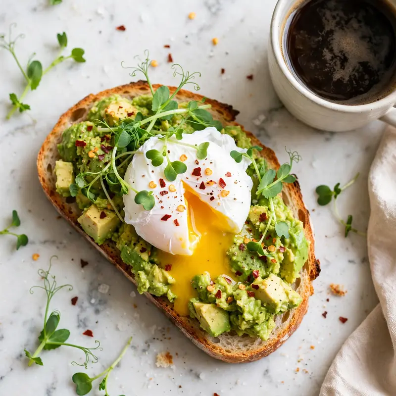 Sourdough toast with smashed avocado, poached egg, chili flakes and microgreens on a marble counter, coffee beside. Brunch photography, bright airy