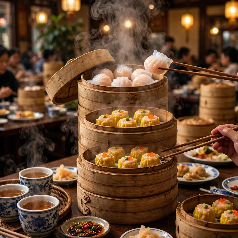 Bamboo steamers stacked high with translucent har gow and siu mai, chopsticks reaching in, tea cups nearby. Cantonese food photography, warm dim sum
