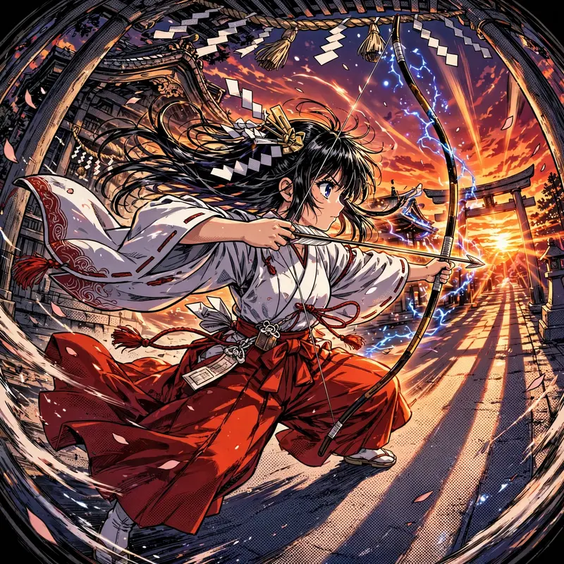 a shrine maiden drawing a sacred bow captured in manga-inspired anime style with screentone accents, hair and clothing whipping in the wind. Vivid