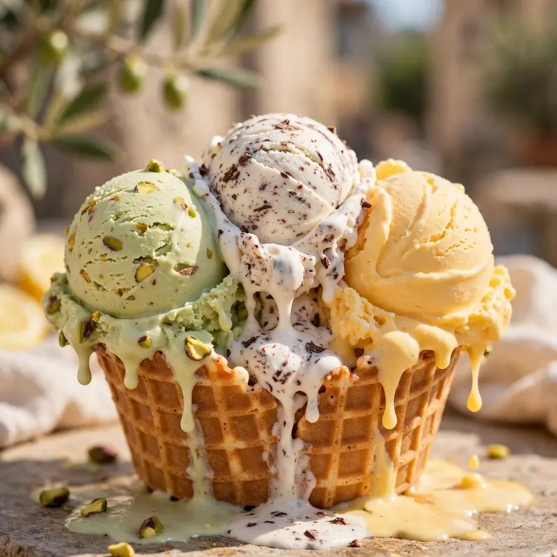 Three scoops of pistachio, stracciatella and mango gelato in a waffle cup, melting slightly in Italian sun. Dessert photography, bright daylight