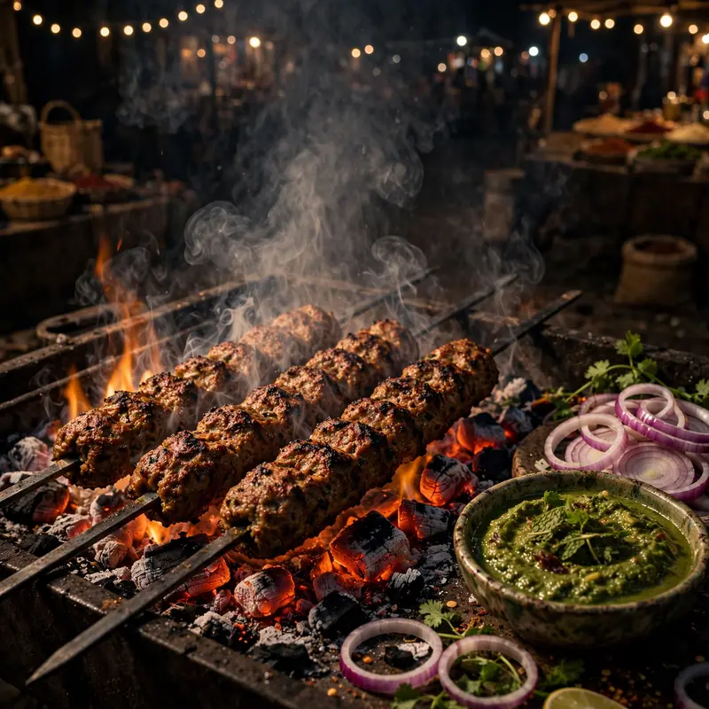 Skewers of seekh kebab charring over open coals, smoke curling up, mint chutney and onion rings on the side. Grill photography, firelight glow, smoky
