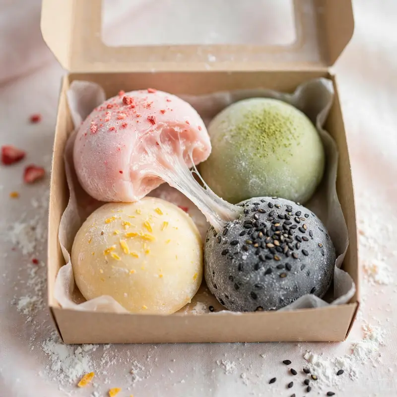 An open box of pastel mochi in strawberry, matcha, mango and black sesame, one bitten showing chewy stretch. Japanese dessert photography, soft
